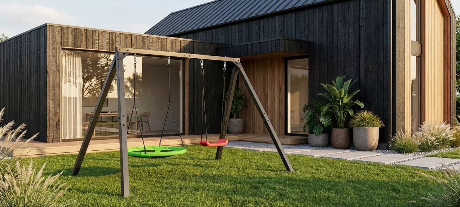 Nowoczesna huśtawka ogrodowa K-SPORT ze stalowym stelażem, wyposażona w siedzisko gniazdo i standardowe czerwone siedzisko, ustawiona na trawniku w minimalistycznym ogrodzie przy budynku w stylu Modern Barn