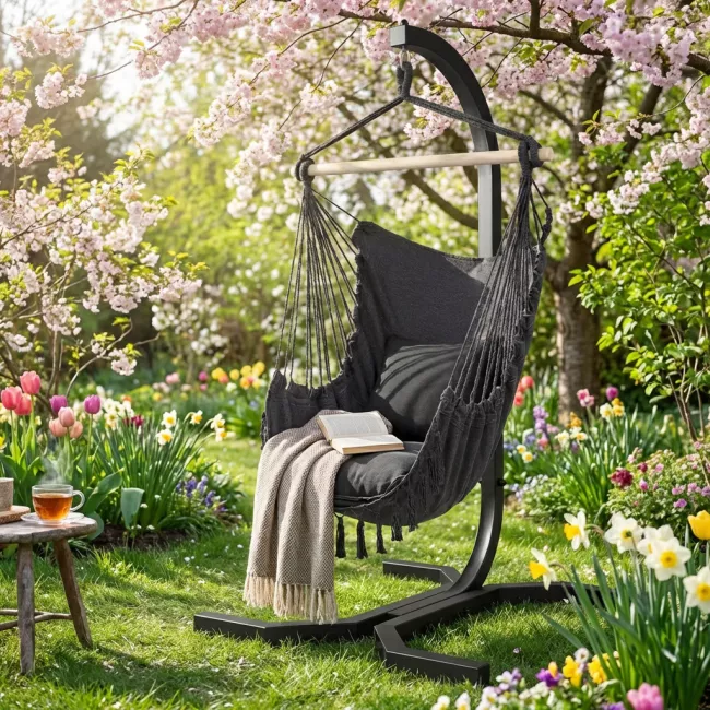 Grafitowe krzesło wiszące - kokon